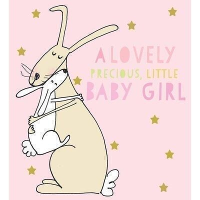 Rabbits Cuddling Baby Girl card by Liz and Pip. Celebrate the arrival of a new baby with this beautiful and quality card. The stars on this beautiful card are hot foil stamped. ''A lovely precious little baby girl'' written on the front. Blank inside for your own message. 120x132mm
